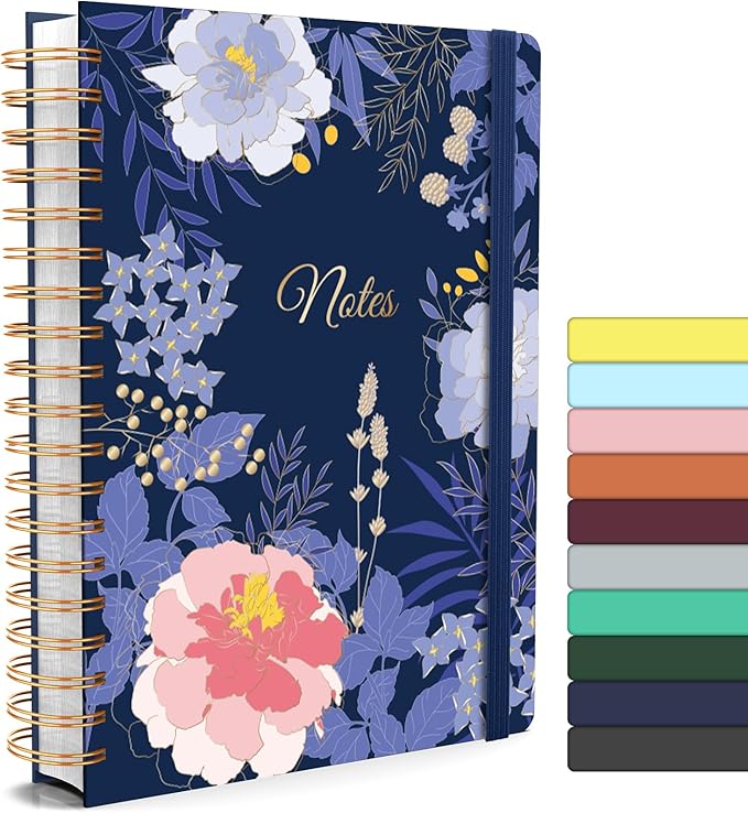Forvencer Lined Spiral Journal Notebook with 300 Numbered Pages, B5 College Ruled Thick Journals for Writing with 100GSM Paper, Hardcover Notebooks with Contents for Work, School, Women Men, Dark Blue Floral