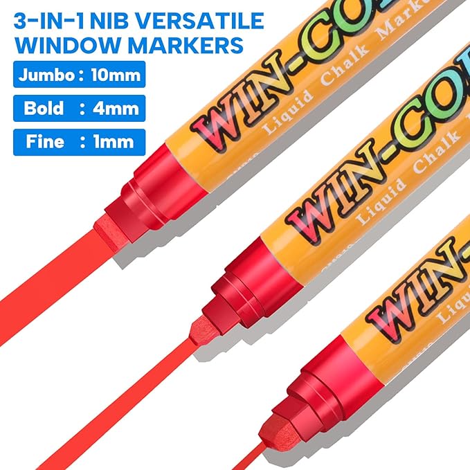 8 Pack Jumbo Window Markers for Cars 10mm Liquid Chalk Pens Erasable,Chalk Markers 8 Colors, 3-In-1 Tips,Window Chalk for Glass, Chalkboards,Menu,Bistro Chalk