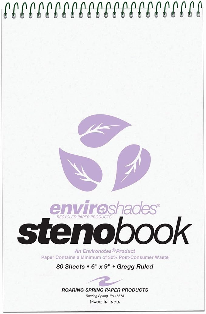 ROARING SPRING Enviroshades Colored Steno Books, 4 Pack of Memo Pads, Recycled Orchid Paper, 6" x 9", 80 Sheets, Gregg Ruled, Perforated, Wirebound, Heavy Chipboard Back
