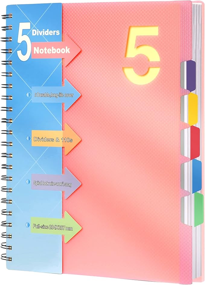 CAGIE 5 Subject Notebook 8.5 x 11，A4 Spiral Notebooks College Ruled Spiral Notebook with Dividers Tabs，220 Pages Lined Spiral Notebook for Note Taking, School, Work, Pink