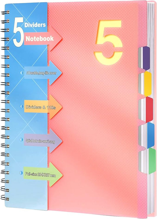 CAGIE 5 Subject Notebook 8.5 x 11，A4 Spiral Notebooks College Ruled Spiral Notebook with Dividers Tabs，220 Pages Lined Spiral Notebook for Note Taking, School, Work, Pink