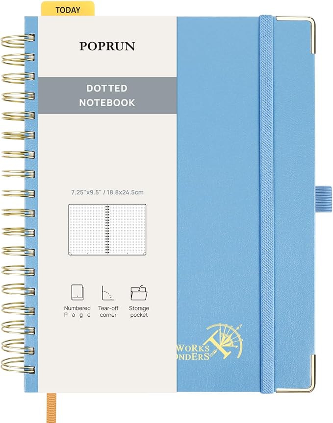 POPRUN Dotted Journal Spiral Notebook, B5-7-1/4 x 9-1/2", 220 Pages, 120 GSM Dot Grid Notebooks, Hardcover Spiral Journals for Writing Journaling Drawing Women Men Work School, Haze Blue