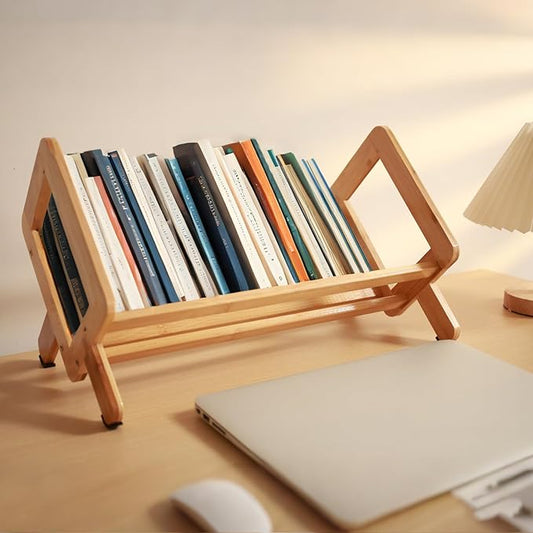 Desktop Bookshelf Organizer, Small Desk Book Shelf, Bamboo Book Rack Tilting Bookcase for Books/Magazine/CDs/Files Dispaly, Tabletop Bookshelf Storage Rack in Living Room/Office/Home
