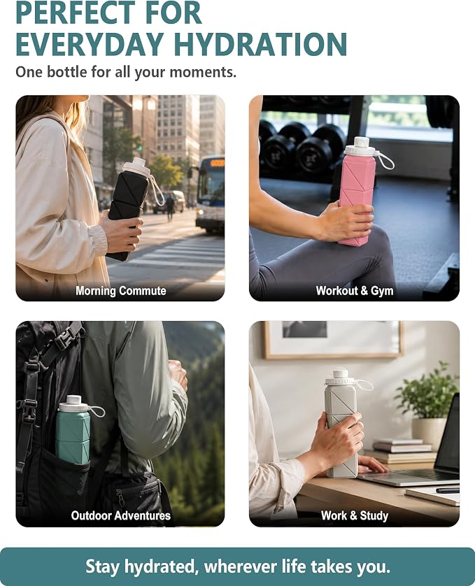 BEAUTAIL Collapsible Water Bottles 21oz/610mL, Silicone Travel Water Bottle | BPA Free, Leakproof & Reusable, Foldable Water Bottle for Traveling, Hiking, Gym, School, Sports, Outdoor, 1-Pack, Blue