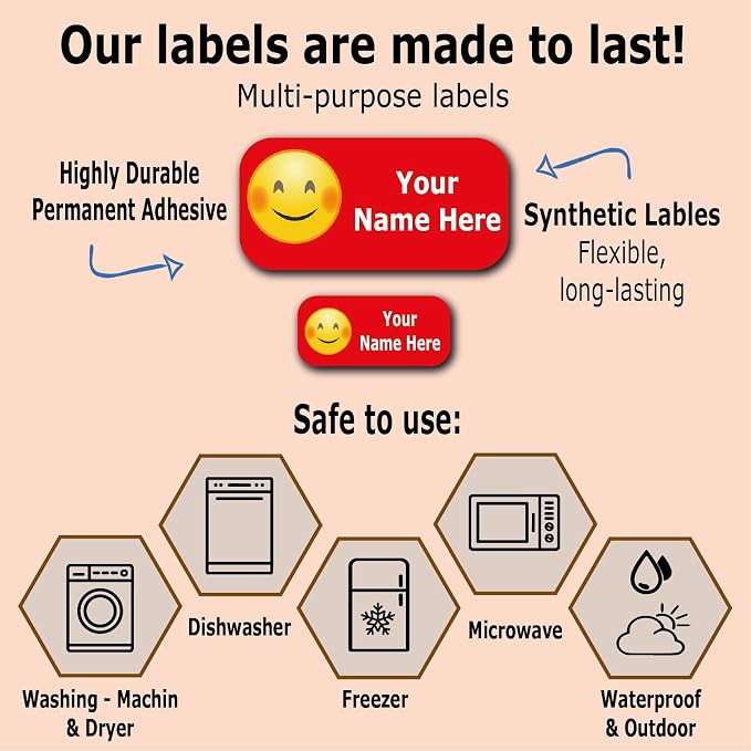 Personalized Labels - Cute Face Designs. 52 Custom Stickers for School, Daycare and Camp. Waterproof Name Labels Dishwasher and Microwave Safe, Machine Washable. (Cute Faces)