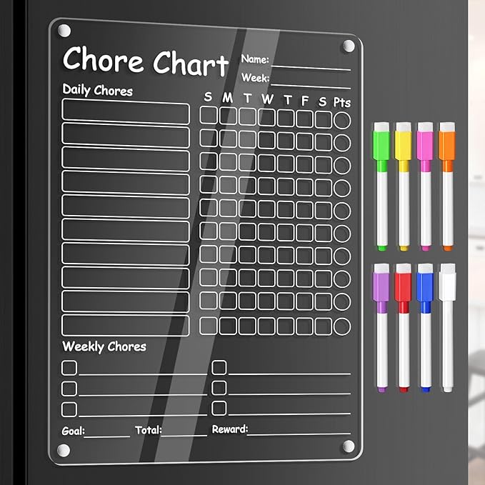 Acrylic Chore Chart Clear Dry Erase Checklist Chore Boars for Family Chores Checklist Reward Chart Responsibility Chart, 12x9'', 2 Boards