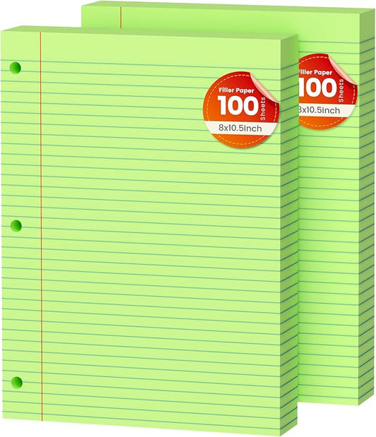 Green Loose Leaf Paper 200 Sheets Colored Filler Paper 2 Pack 8 * 10.5 College Ruled Paper 3-Hole Punched Paper for 3-Ring Binders Notebook Lined 8" x 10.5"