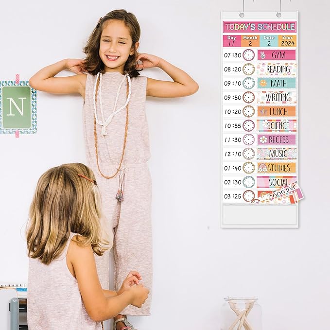 JarThenaAMCS Groovy Daily Schedule Pocket Chart 13 x 35.5 Inch Boho 13 + 1 Pockets Visual Schedule Chart Board with 24 Cards for School Classroom Home Office Supplies