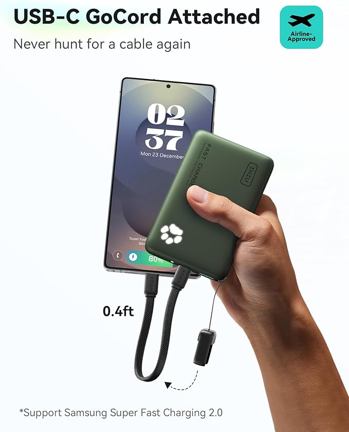 INIU 45W Fast Charging Portable Charger, 40% Smaller 10000mAh with Detachable Cable, Flight-Safe Travel Power Bank, USB C External Phone Battery Pack for Camping, ShortTrip, Travelers, Hikers, Green