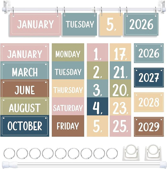 TecUnite Boho Flip Calendar Bulletin Board Set with Set 54 Cards Morandi Adjustable Flip Calendar for Classroom Preschool Graduation Gift Back to School Supplies