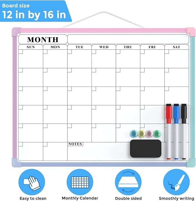 MaxGear Monthly Calendar Dry Erase Board for Wall, 16"x12" Small Hanging Double-Sided White Board, Portable Whiteboard for Planning, Drawing, Memo, to Do List, School, Home, Office, Macaron Frame