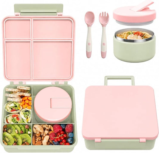 Bento Lunch Box with 8oz Soup Thermo, Kids Leakproof Lunch Food Containers with 4 Compartment, Kids Thermo Insulated Hot Food Jar for School, Trvael (Green-Pink)