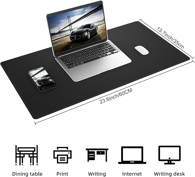 AFIING Leather Desk Pad Protector, Large Mouse Pad, Dual-Sided PU Leather & Natural Cork Desk Mat, Non-Slip Waterproof Laptop Desk Blotter for Office and Home, 23.6" x 13.7", Black