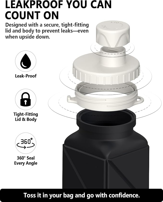BEAUTAIL Collapsible Water Bottles 21oz/610mL, Silicone Travel Water Bottle | BPA Free, Leakproof & Reusable, Foldable Water Bottle for Traveling, Hiking, Gym, School, Sports, Outdoor, 1-Pack, Black
