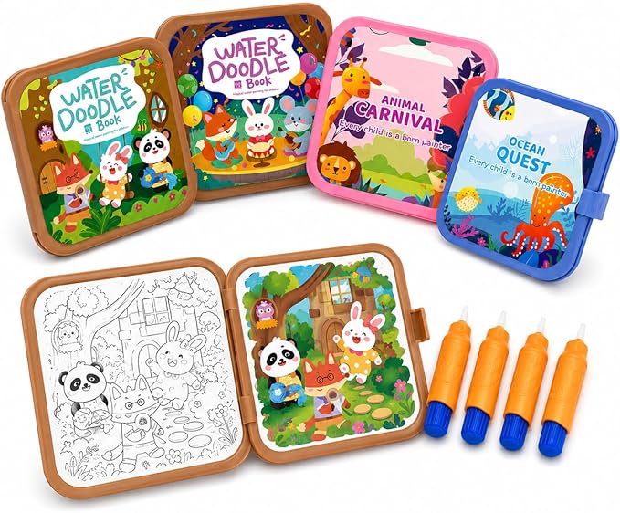 Water Coloring Book for Toddlers Ages 3-5 - 4 Pack Reusable Mess Free Magic Paint with Water Books, 36 Pages Activity Set + 4 Water Pens, Travel Toys for Kids Boys Girls Preschool Learning