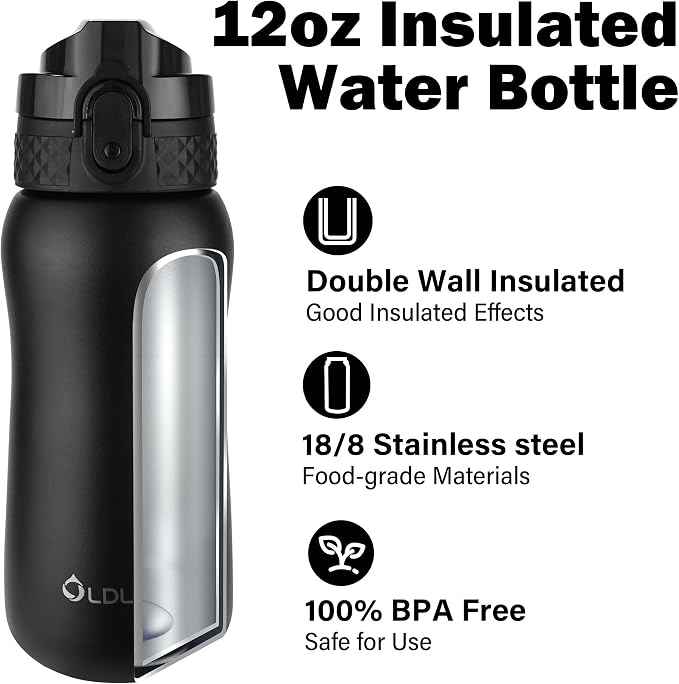 Oldley Insulated Water Bottle 12oz Water Bottles with Straw, Stainless Steel Water Bottle with 2 Lids, Double Wall Vacuum Bottels for Adults Kids, Leak-Proof Sport Bottles for School Travel, Black