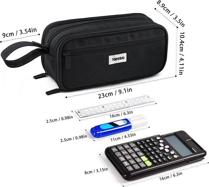 TOPBIDAI Large Pencil Case Pouch for Girls Boy Women Men Adults | Big Capacity Canvas Pencil Bag, Office School Supplies, Multi Compartment Zipper Stationery Pen Box (Coal Black)