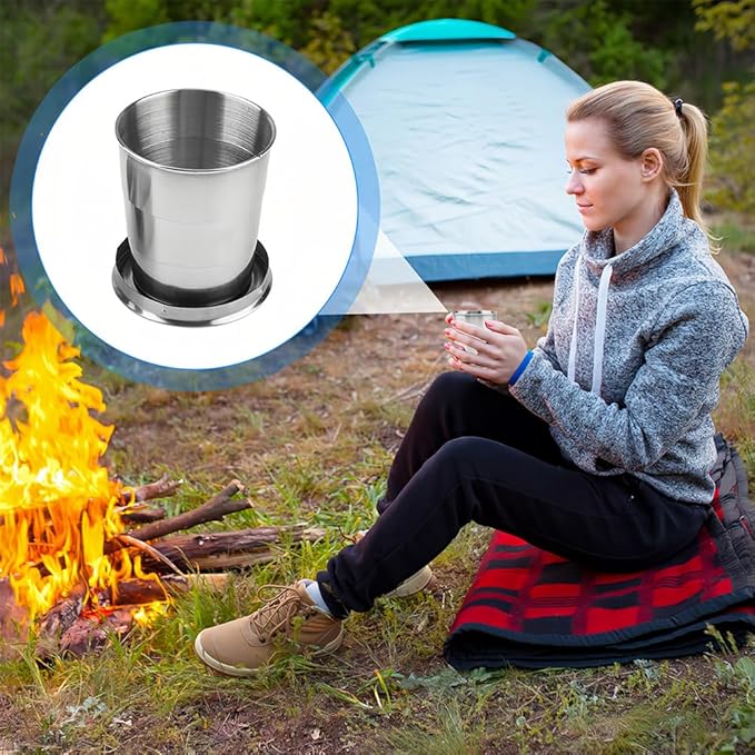 Stainless Steel Collapsible Cup, 150ml Camping Folding Cup Retractable Travel Mug with Lid Keychain Portable Drinking Outdoor Demountable Stackable Expandable Protective Cap for Hiking Picnic(M)