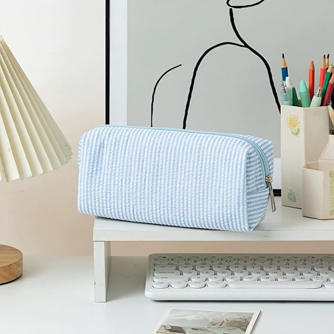 Cute Large Capacity Pencil Case | Aesthetic Striped Pencil Pouch for Office Supplies Organizer (Blue)