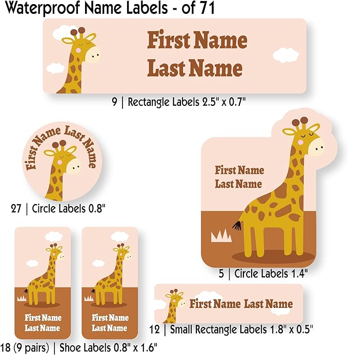 Personalized Kids Name Labels – Waterproof Custom Stickers for Daycare & School, Dishwasher & Laundry Safe (Giraffe - Tan)