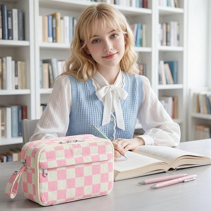 Large Pencil Pouch for Girls,Cute Corduroy Pencil Case Pouch Aesthetic Soft Pencil Bag for School, Zippered Pencil Organizer School Supplies for Teen Girls Women Gift (Pink Check)