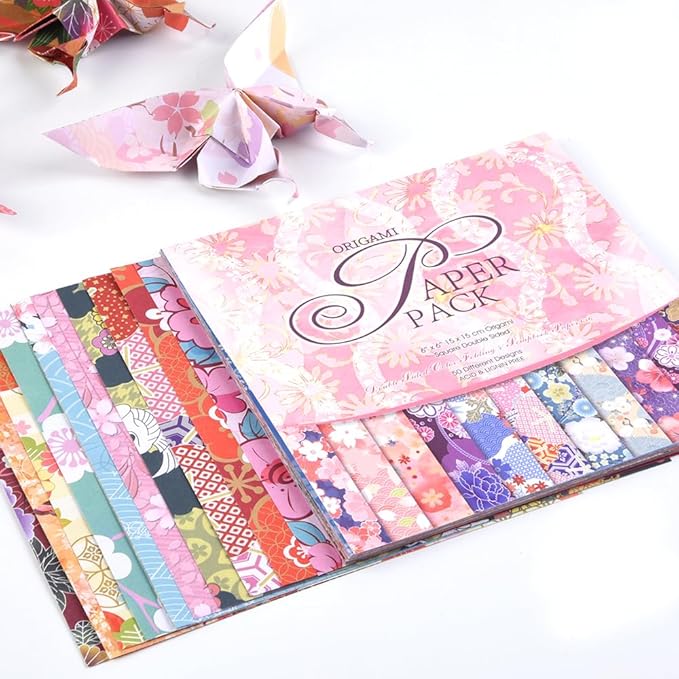 Origami Paper Kit 50 Sheets 70GSM 6 Inch Square Double Sided Color 50 Vivid Japanese Washi Chiyo Colors for Hand Crafts Origami Paper Arts Creativity.Japanese Sakuras