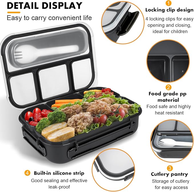 Yumuk Bento Box for Kids 1300ML with 4 Compartment & Cake Cups, Black | Lunch Box Containers for Adults/Kids/Toddler, Leak-Proof, Microwave/Dishwasher/Refrigerator Safe, BPA Free