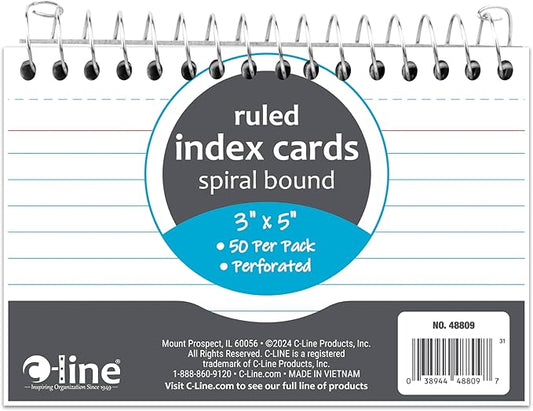 C-Line 3” x 5” Spiral Bound Index Card Notebook, Ruled, 50/PK (48809)