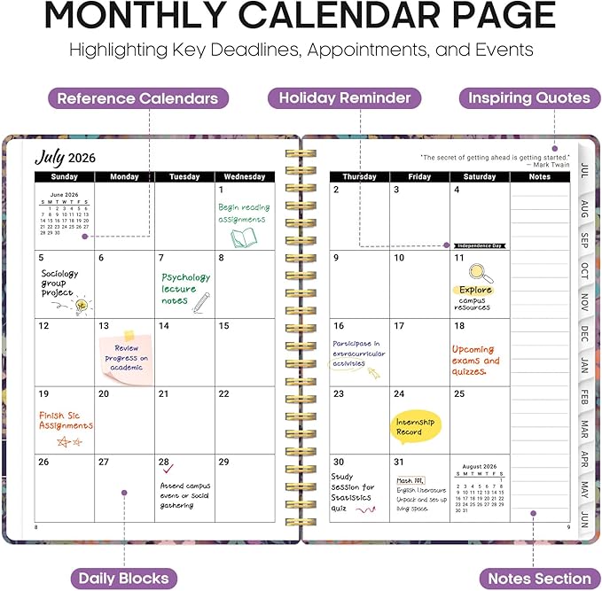 Planner 2026-2027, Academic Year Weekly and Monthly Calender Planner, from Jul 2026 - Jun 2027, Spiral Bound School Planning Book, Perfect for Teacher, Student, Women & Men, A4 (8.5" x 11"), Lavendar Floral