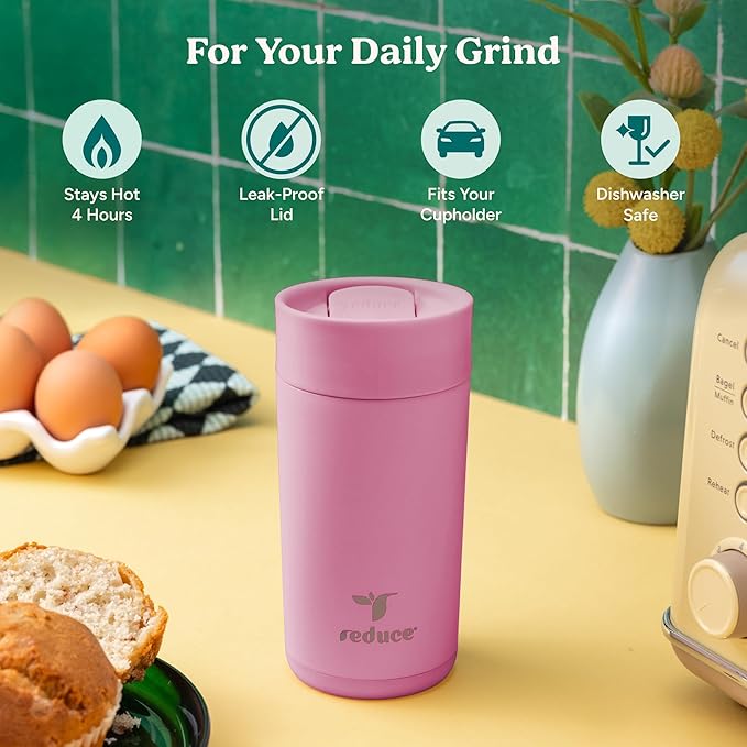 REDUCE Perk 10oz Insulated Coffee Tumbler – Leak-Proof with Lockable Lid and Vacuum Insulation–Durable Stainless Steel–Fits Car Cup Holders–One-Handed Travel Mug in Sand Leopard Print - Rosebud