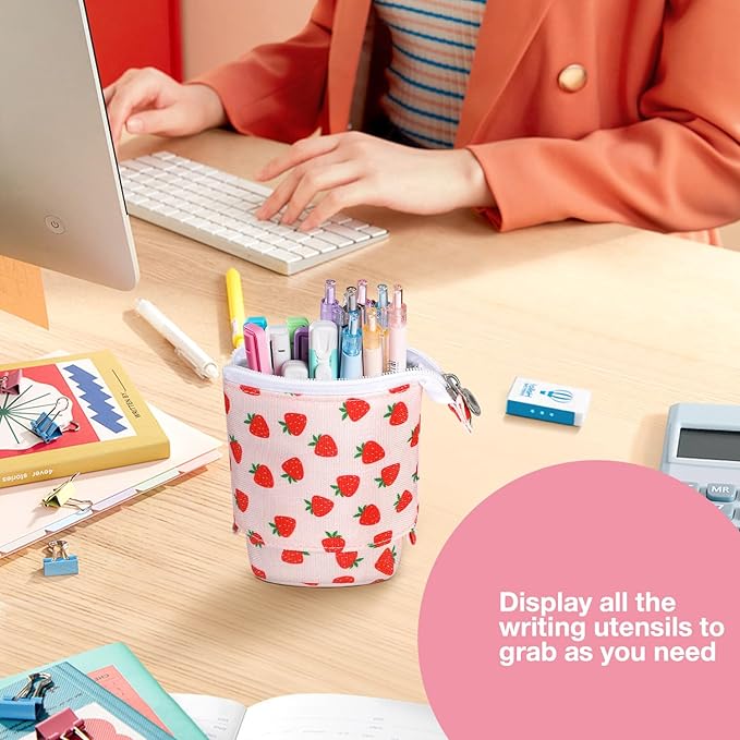 Cute Standing Pencil Case Pen Holder for Kids, Pop Up Stand UP Bubble Tea Pen Organizer Kawaii Stationary for Christmas Holiday New Year Office (Strawberry)