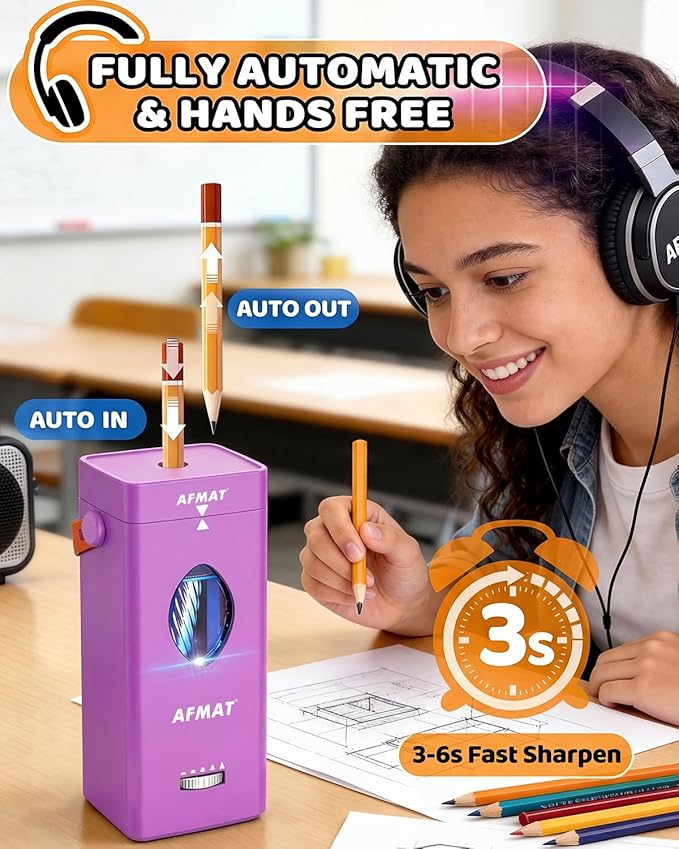AFMAT Electric Pencil Sharpener, Fully Automatic Pencil Sharpener for 6-12mm No.2/Jumbo Pencils, Auto in & Out, 5 Sharpness Modes, Rechargeable Heavy Duty Sharpeners for Classroom/Home/Office PSC7
