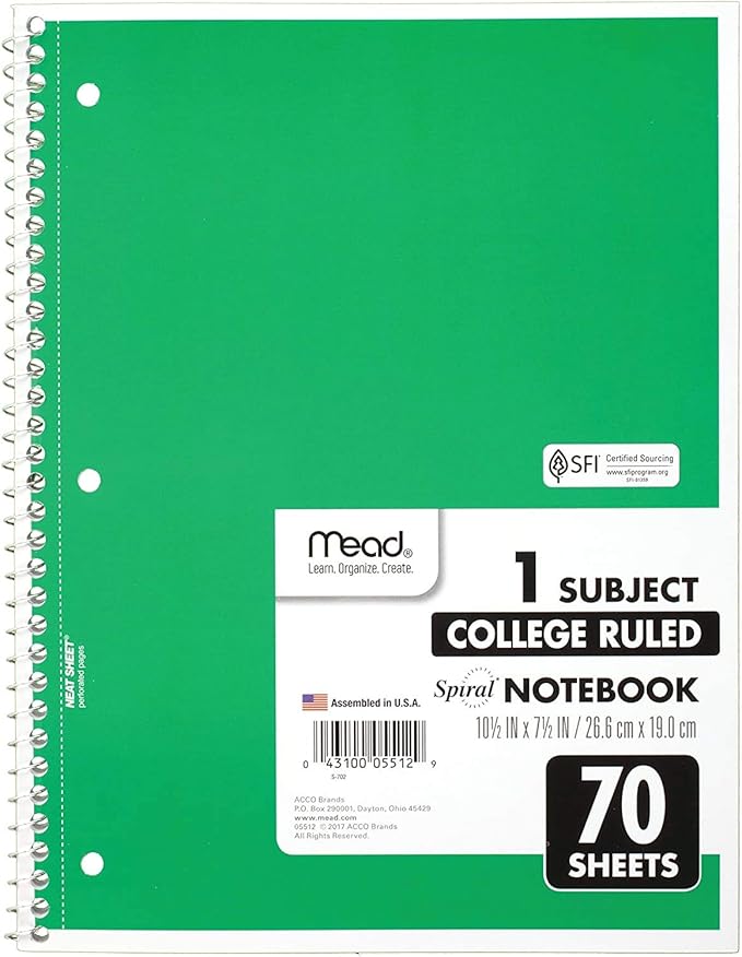 Mead Spiral Notebook, 1 Subject, College Ruled Paper, 70 Sheets, 10-1/2" x 7-1/2", Assorted Colors (05512)