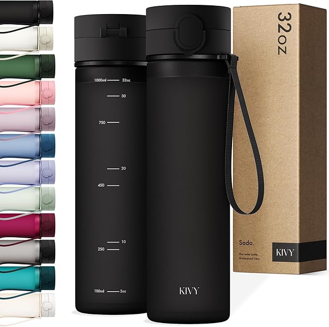 KIVY Slim Water Bottle 32oz with Leakproof Flip Lid [Lightweight & Shatterproof] Fits Backpack & Cupholder for Travel, Sports, School - Tall Gym Water Bottle with Measurements - Dishwasher Safe