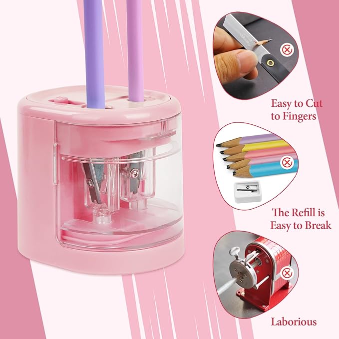 AUAUY Automatic Electric Pencil Sharpener with 2 Hole Sizes, Battery Operated with 4 Knife Holders & Charger, for Standard & Makeup Pencils (Pink)