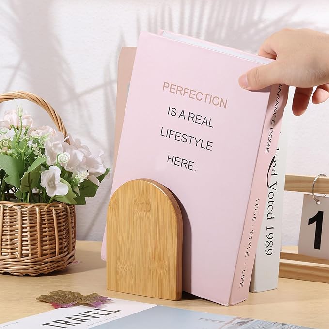 CHGCRAFT 2 Pair Bamboo Bookend Anti Slip Book Stand for Home Decor Desktop Bookshelf Ends for Books Magazine Storage Display, Sandy Brown