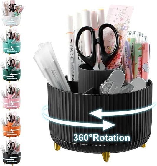 Cayxenful Pencil Holder For Desk,5 Slots 360°Degree Rotating Desk Organizers And Accessories,Desktop Storage Stationery Supplies Organizer, Cute Pencil Cup Pot For Office, School, Home (H-Black)