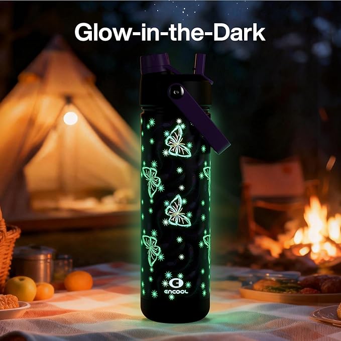 ENCOOL Insulated Water Bottle with Straw Stainless Steel Water Bottle, Glow in the Dark, Leak-Proof, BPA-Free, Keeps Cold for 24 Hours for Sports, Travel, School (26 oz, Midnight Butterfly)