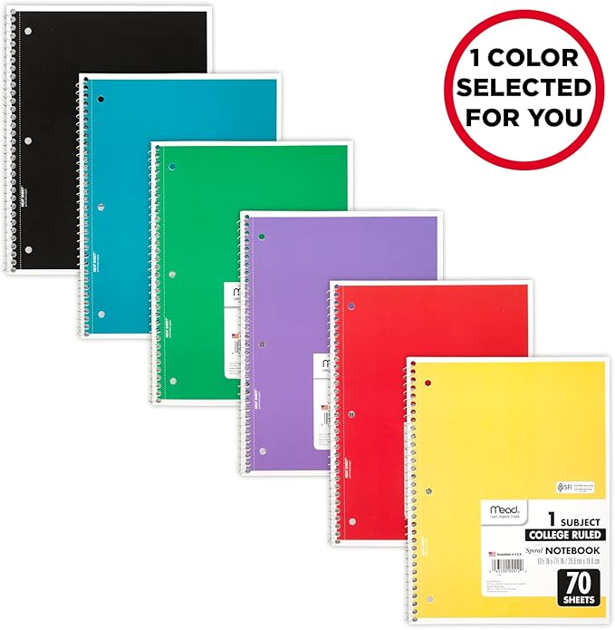 Mead Spiral Notebook, 1 Subject, College Ruled Paper, 70 Sheets, 10-1/2" x 7-1/2", Assorted Colors (05512)
