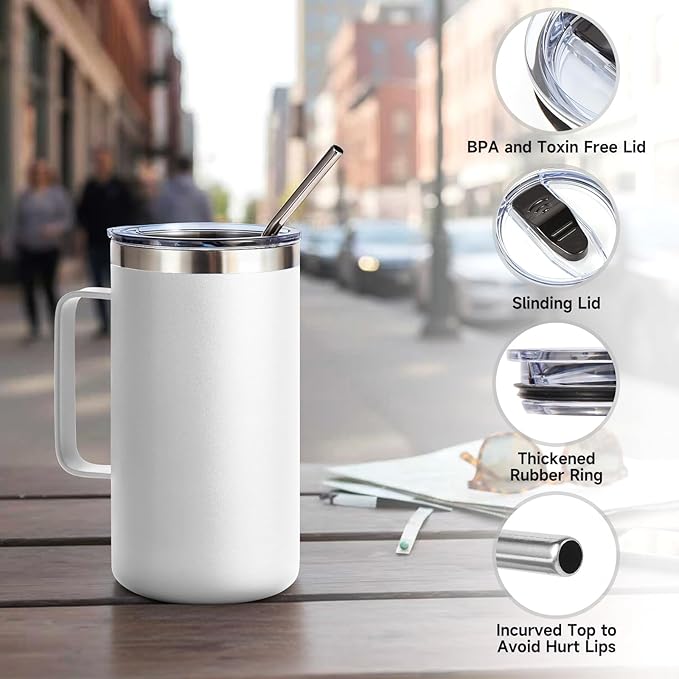 Volhoply 22oz Insulated Stainless Steel Coffee Mug with Leakproof Lid,Double Wall Vacuum Travel Coffee Cup with Handle,Reusable Metal Tumbler,Camping Mugs Keep Hot&Cold(White,1)