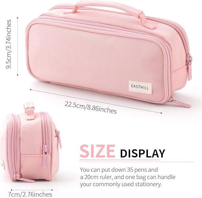 EASTHILL Large Capacity Pencil Case Pen Pouch Organizer Canvas Pencil Bag with Handle School Supplies for Teen Girls-Pink