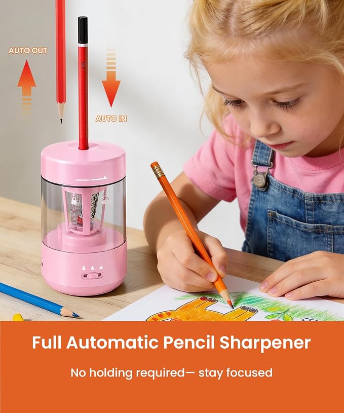 Electric Pencil Sharpener for Classroom, Fully Automatic, Light Pink