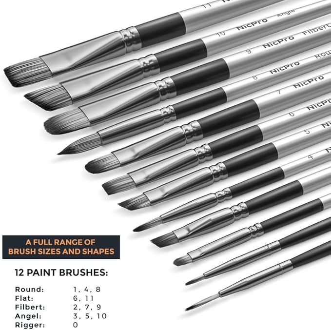 Nicpro 12PCS Artist Paint Brush Set, Craft Paint Brushes for Acrylic Painting, Oil, Watercolor, Gouache, Tempera, Face, Body, Fabric, Leather, Model, Art Supplies Paintbrushes for Artists Beginners