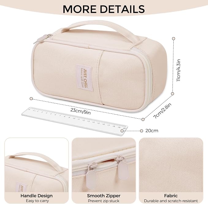 SKYDUE Beige Pencil Case for Girls & Boys – Large Capacity Zippered Pencil Pouch with Multi-Compartment, Aesthetic Pencil Bag for School & Office Supplies
