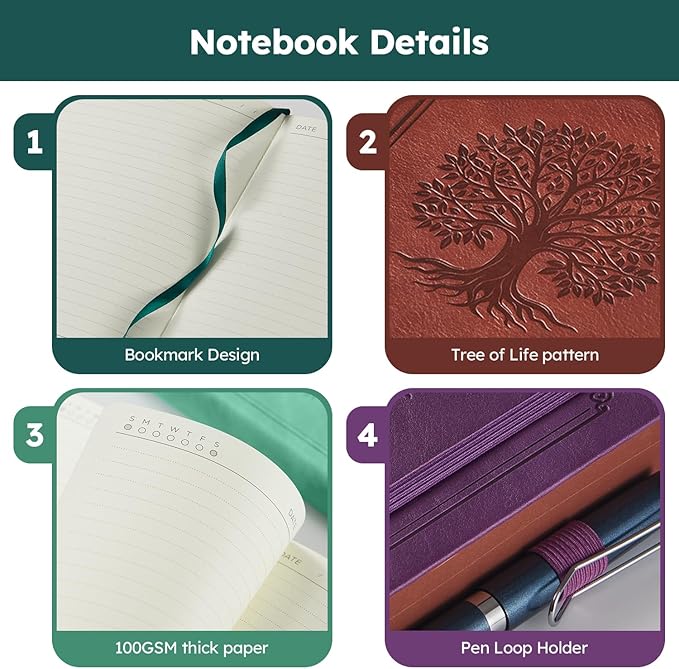 FOCUS DAY A5 Journal Notebook for Women Men, 320 Pages Lined Journaling Notebook with 100GSM Thick Paper, Hardcover Leather Note book for Work Writing Note Taking Diary, School, 5.7'' X 8.4'', Green