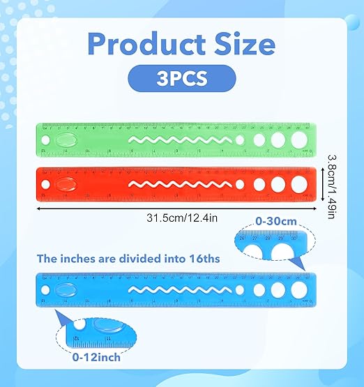 3 Pcs Flexible Ruler 12 Inch, Kids Ruler for School Soft Bendy with Inches and Centimeters, Ideal for Kids & Adults School Home Office Supplies, Red Blue Green
