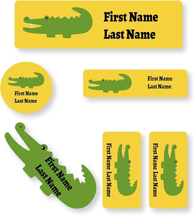 Personalized Kids Name Labels – Waterproof Custom Stickers for Daycare & School, Dishwasher & Laundry Safe (Crocodile - Yellow)
