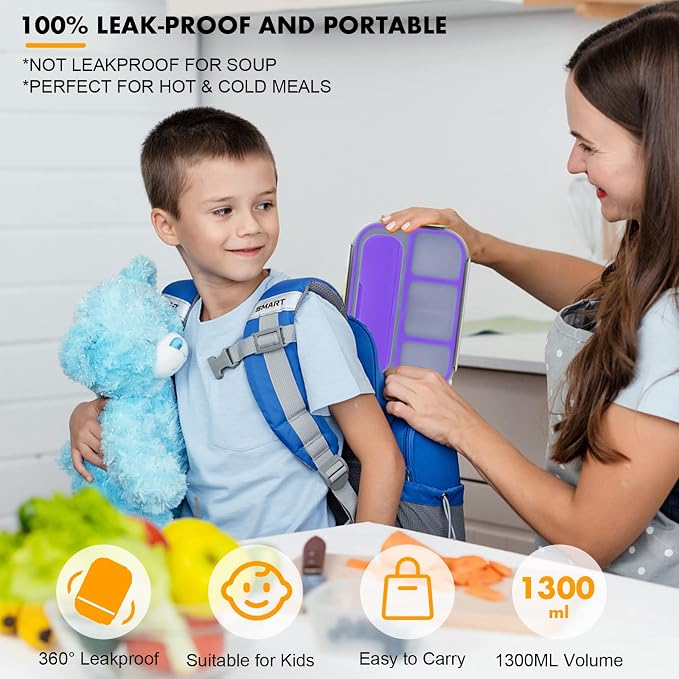 Bento Box for Kids 1300ML with 4 Compartment & Food Picks Cake Cups, Purple | Lunch Box Containers for Adults/Kids/Toddler, Leak-Proof, Microwave/Dishwasher/Refrigerator Safe, BPA Free