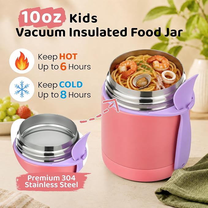 Pawtong 10oz Insulated Food Jar, Thermo for Hot Food Lunch Container, Stainless Steel Lunch Box for Kids with Spoon (Pink)