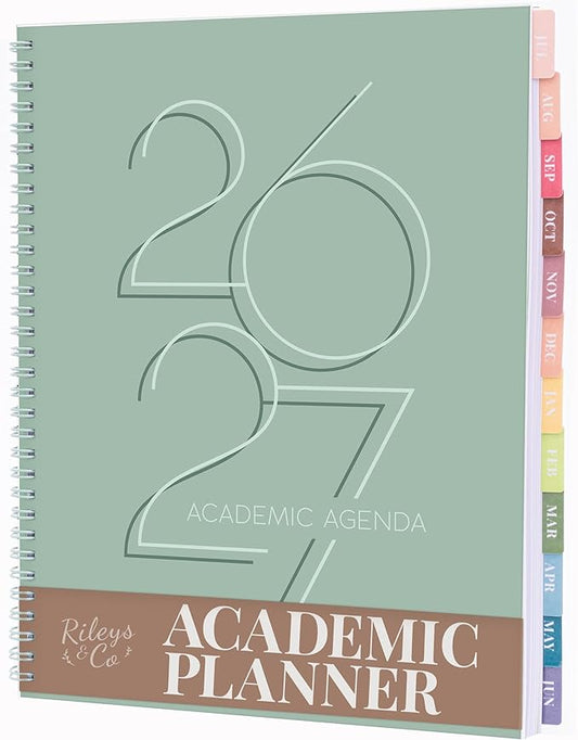 Rileys Academic Planner 2026-2027, Daily, Weekly & Monthly Planner, July 2026 - June 2027, Student Notes Pages, Twin-Wire Binding, Weekly Agenda for School & Work (8.5 x 11-Inches, Deco, Green)